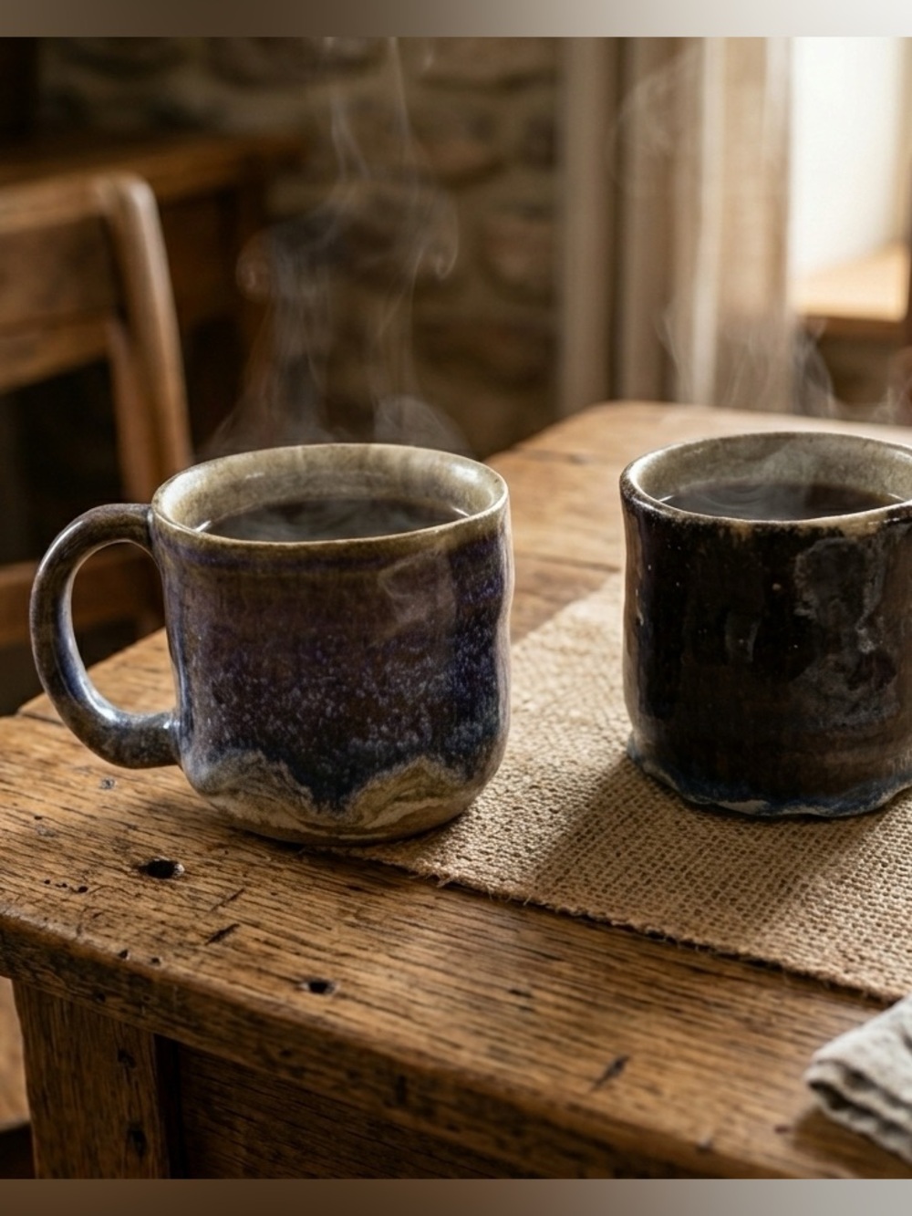Set of 2 Vintage Studio Pottery Mugs Indigo Cobalt Blue Drip Glaze Stoneware